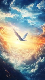 White bird in illuminated clouds under dramatic sky.