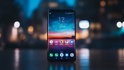 Smartphone display showing time, weather, and application icons.