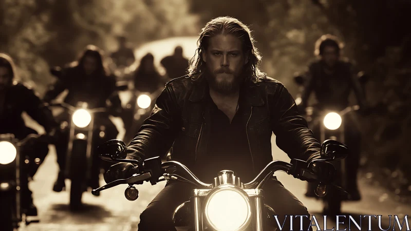 Motorcycle club leader riding through shadowed forest road.