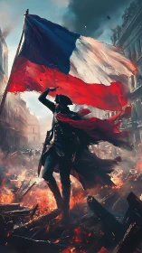 Uniformed figure with tricolour flag amid urban ruins.