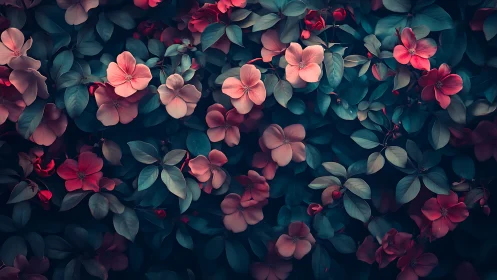 Moody digital painting of pink florals in dense foliage field.