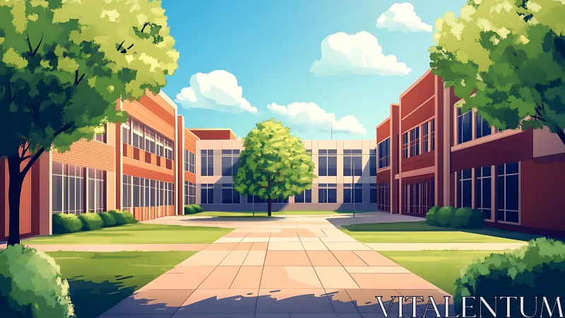 Symmetrical school courtyard under clear sky with stylized shading