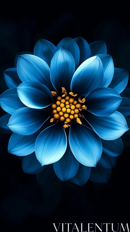 Midnight sapphire bloom with glowing golden heart petals.