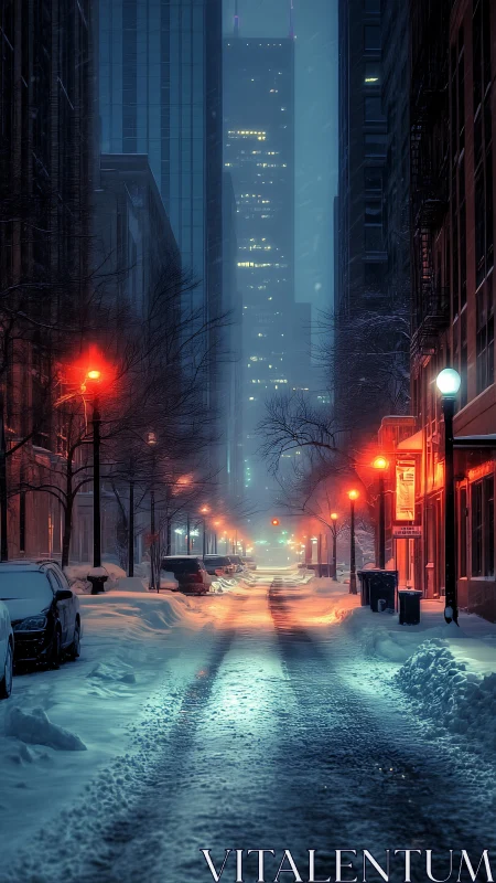 Snow-covered city street with high-rise towers at night.