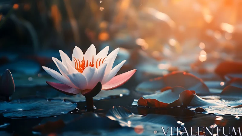 Sunlit waterlily poised on twilight-tinted rippling pond.