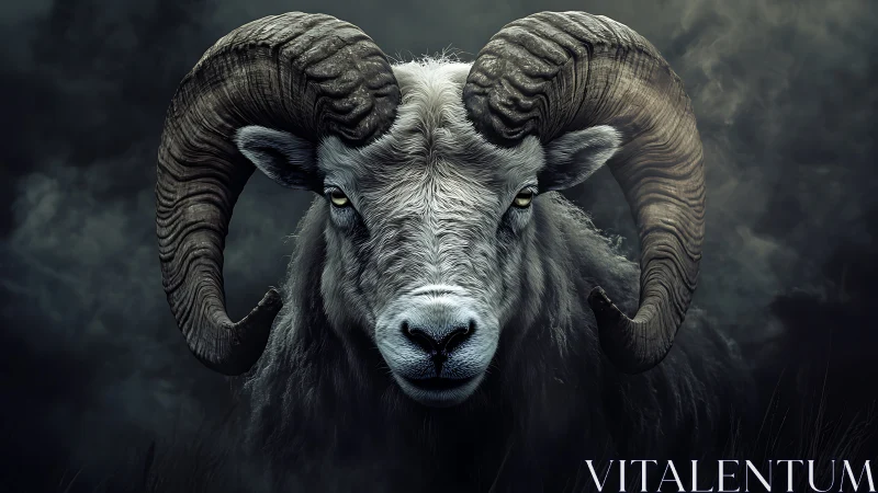 Majestic horned ram portrait in moody storm shadows.