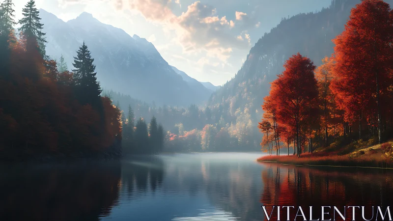 Autumn mountainside lake glows beneath soft morning light.