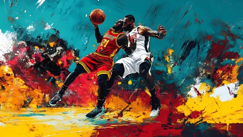 Dynamic basketball duel rendered with high-energy abstract brushwork