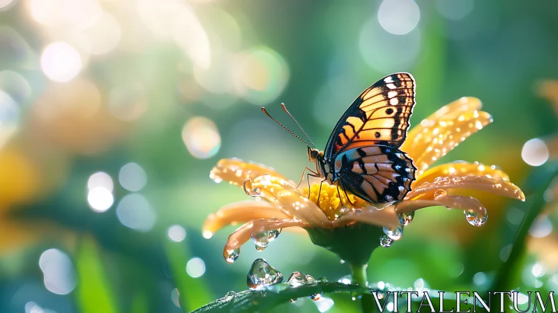 Butterfly rests on dewy bloom in dreamy garden light.