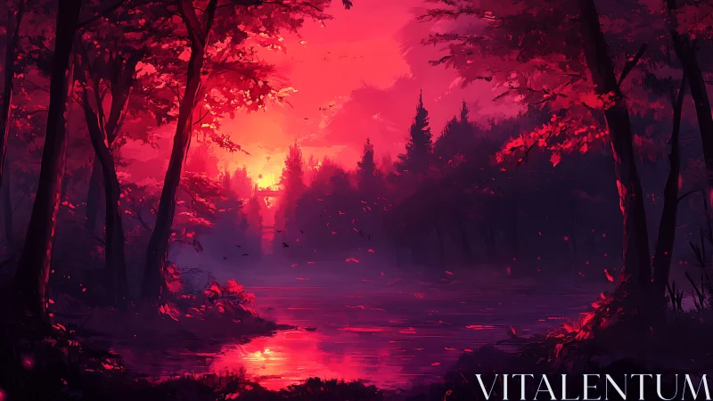Crimson Veil: Forest Dawn Ablaze in Molten Radiance.