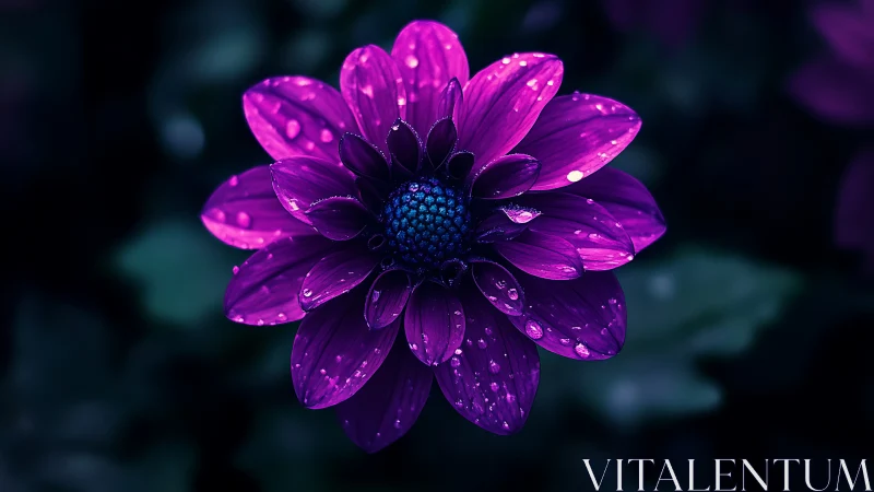 Glowing Purple Bloom Glistens With Morning Dewdrops.