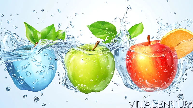 Colorful apples and citrus segments splashing in water.
