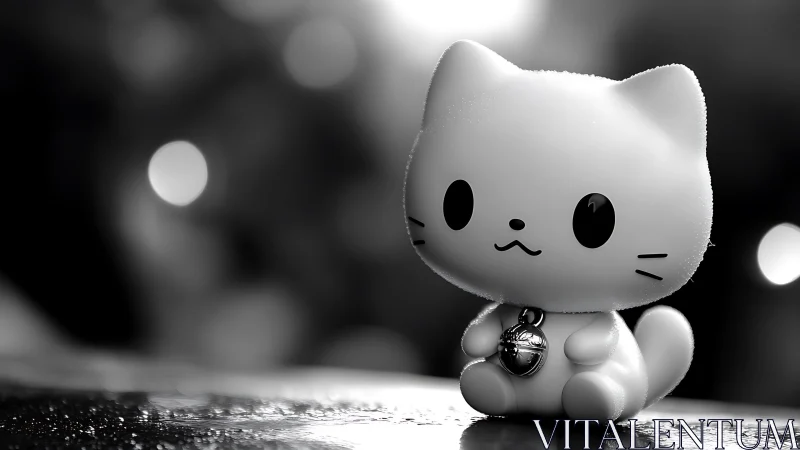 Monochromatic 3D-Rendered Stylized Feline Character With Kawaii Facial Expression and Metallic Bell 