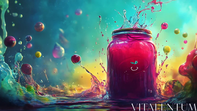 Glass jar of red liquid stands amid suspended liquid splashes