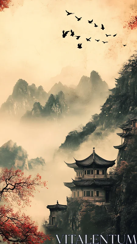 Misty mountain temples beneath migrating birds at dawn.