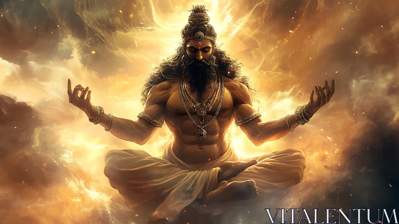 Mythic monk levitates in blazing cosmic meditation field