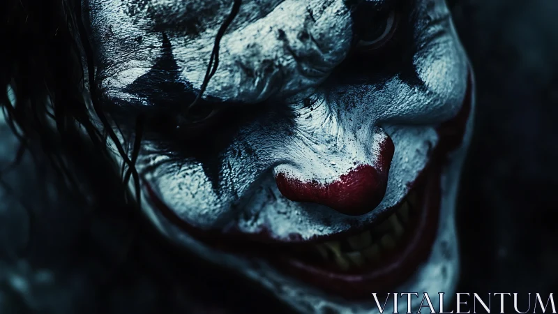 Haunting close-up of a wickedly grinning painted clown face.