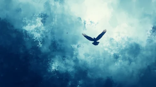 Silhouette of a Bird Soaring in Moody Blue Watercolor Sky.