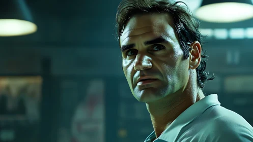 Intense tennis player portrait under cinematic arena glow.