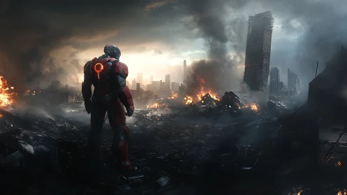 Armored figure surveys burning futuristic city ruins.