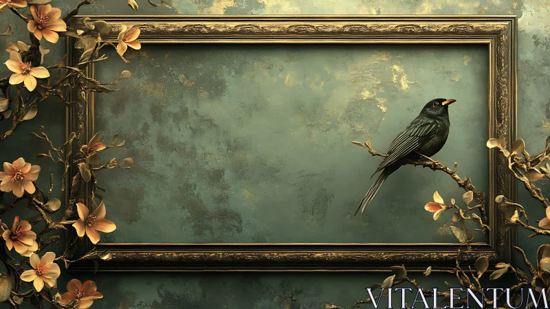 Rectangular frame surrounds textured wall and perched bird