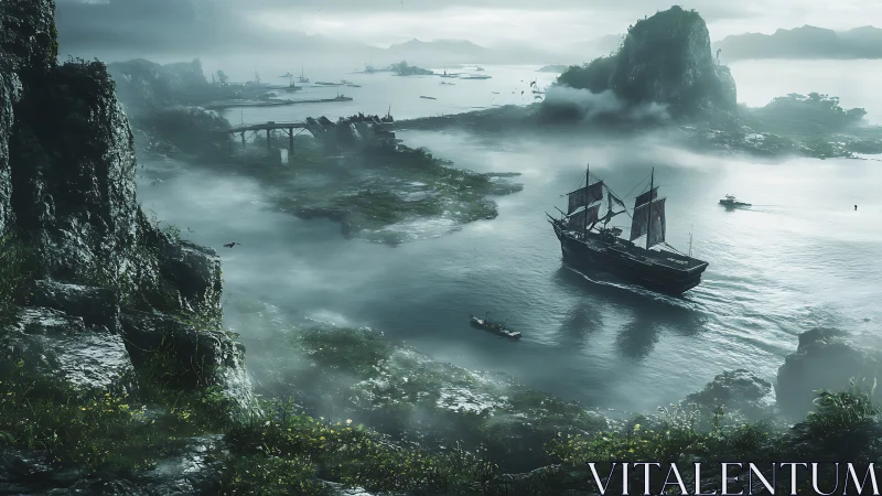 Foggy coastal bay with sailing ships and rocky cliffs.