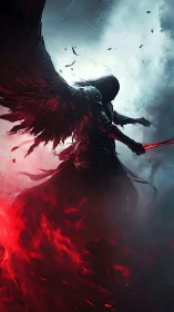 Dark winged warrior rises through red infernal storm