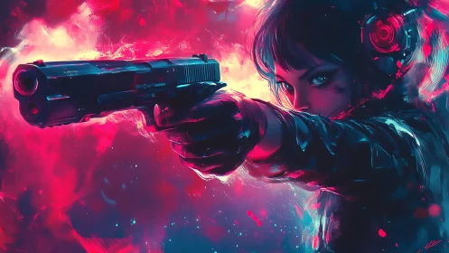 Neon cyber warrior aims pistol through vivid magenta haze.