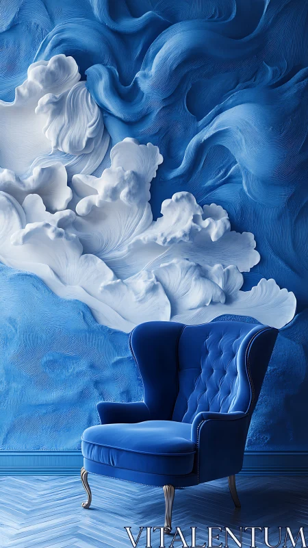 Velvet blue armchair before sculpted monochrome cloud relief wall