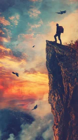 Solitary hiker at cliff edge amid blazing painted sky.