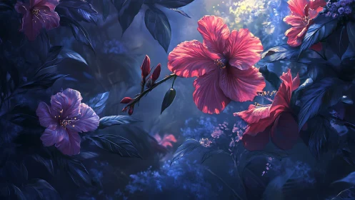 Nocturnal Hybrid Florals: Luminescent Pink Flowers Against Deep Blue Atmospheric Rendering