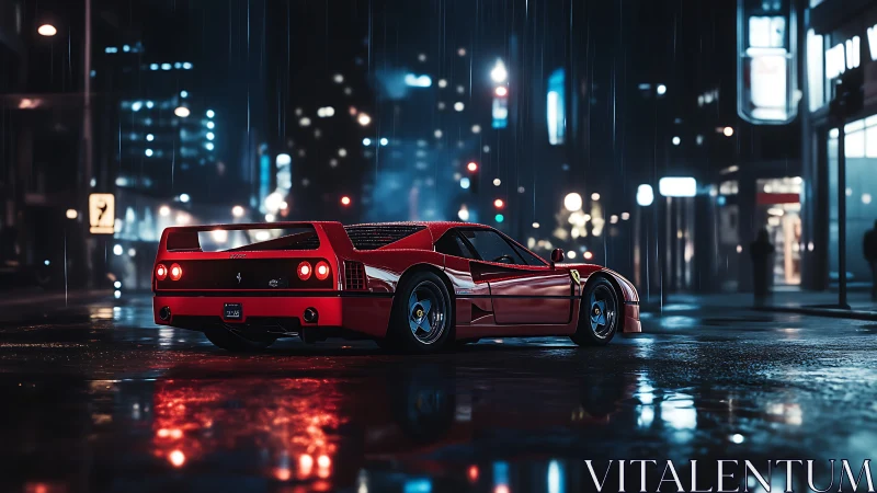 Aerodynamic red supercar under neon-soaked nocturnal rainfall.