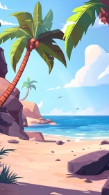 Tropical Coastal Paradise: Palm-Laden Shoreline with Geometric Seascape.