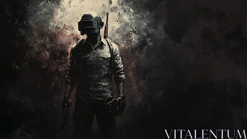 Helmeted combatant stands armed against dark abstract backdrop