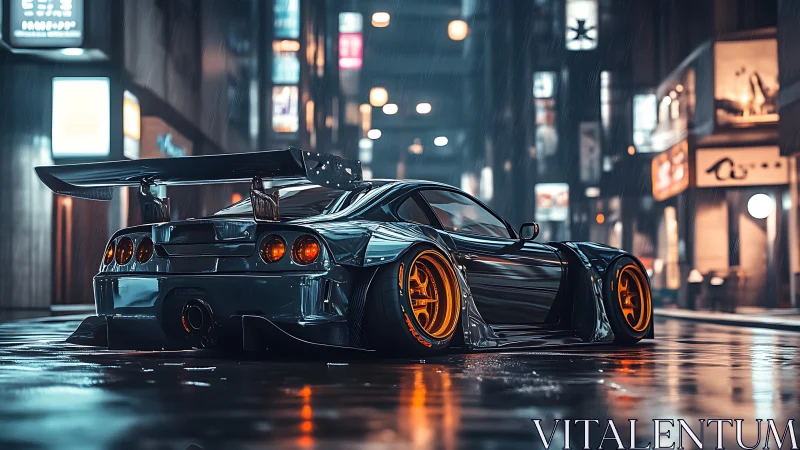 Midnight tuner supercar under neon rain in city alleyway.