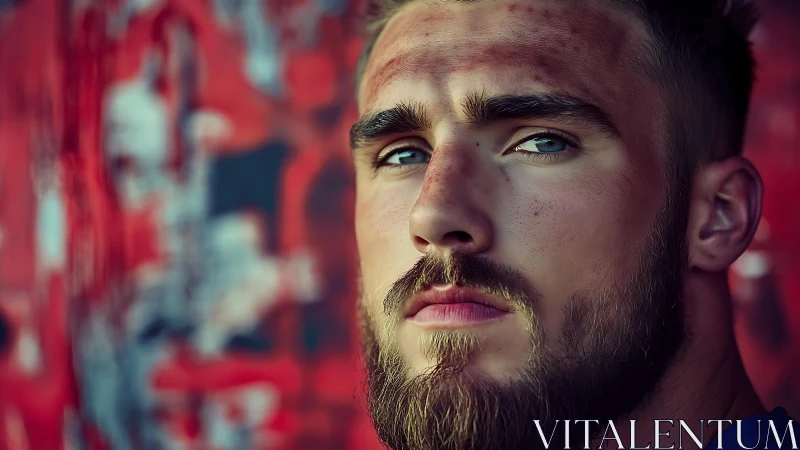 Steady gaze of a determined man stands out against bold red art