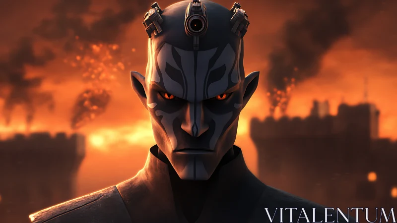 Cyborg humanoid portrait against burning fortress backdrop.