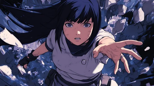Courageous anime heroine reaches forward through flying rubble