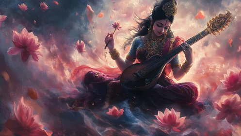 Divine musician in lotus clouds radiates serene celestial light