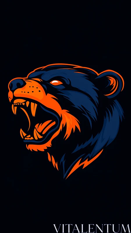 Roaring bear profile in neon orange and deep blue vector.