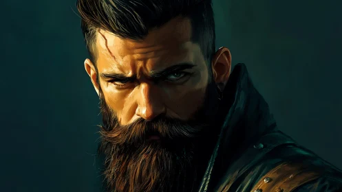 Storm-lit bearded warrior meets the viewer with fierce calm