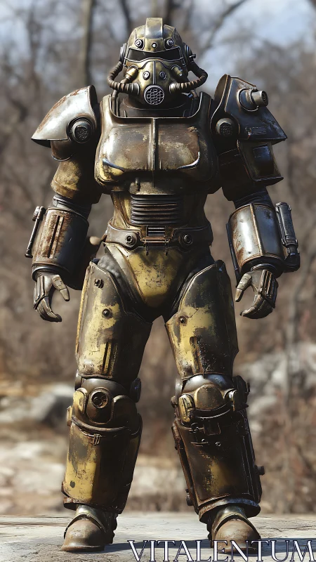 Corroded exoskeletal power armor suit with combat-grade plating.
