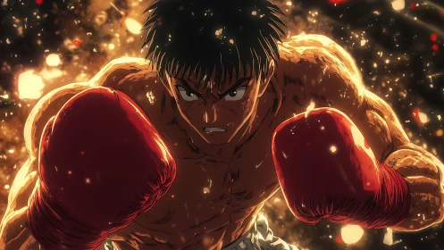 Fired up anime boxer charging forward with heart and heat.