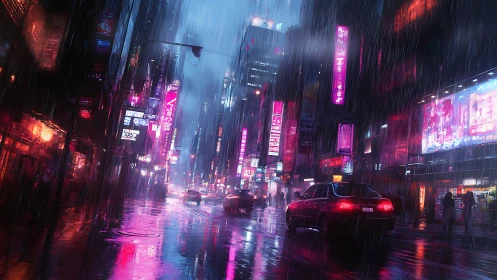 Neon city streets glowing softly in the midnight rain.