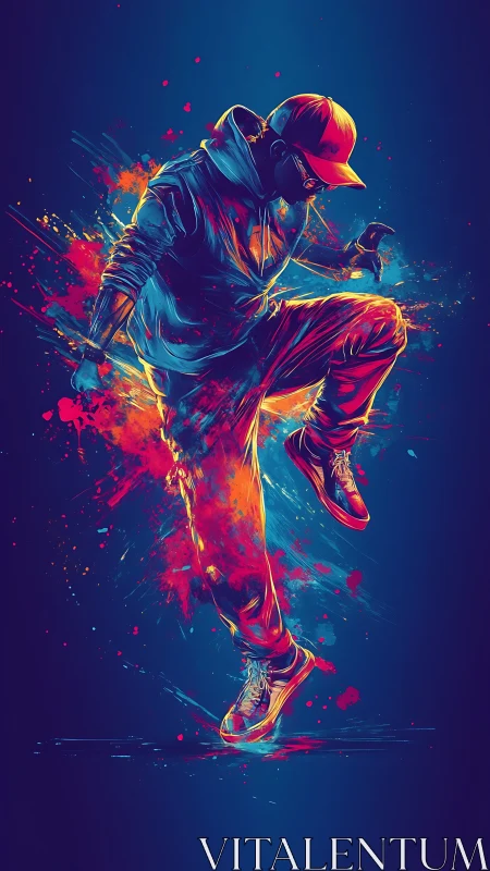 Neon street dancer explodes in motion against inky blue space