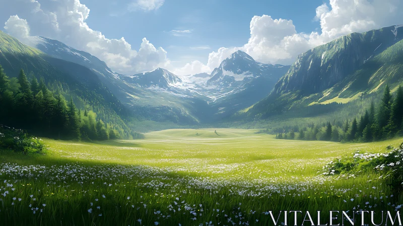 Mountain valley meadow extends between forested ridges