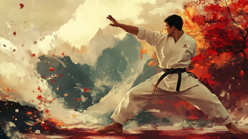 Martial artist in dynamic stance amid abstract autumn storm.