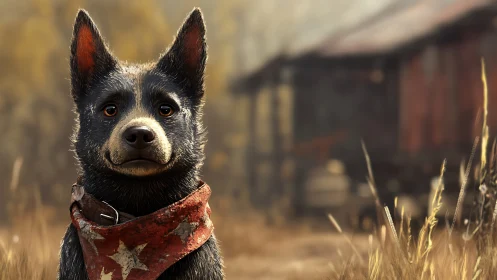 Blue heeler dog portrait with red bandana outdoors.