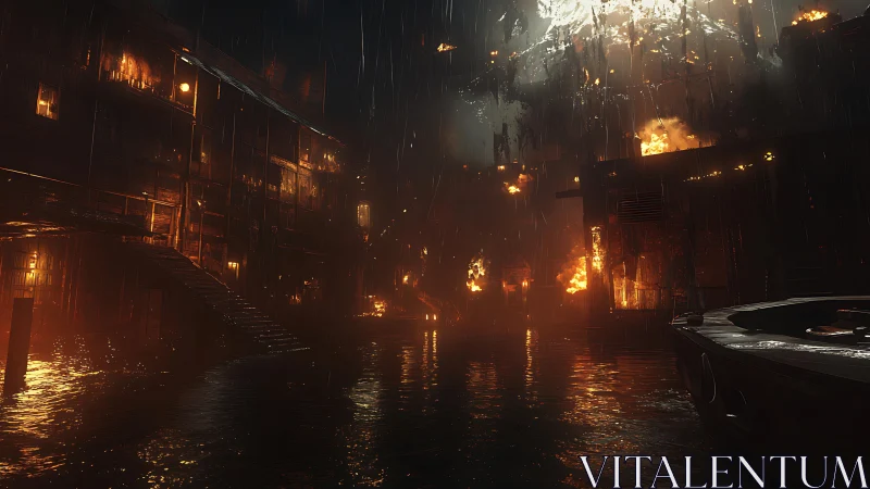 Flooded Urban Street Engulfed in Flames and Darkness.