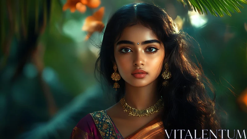 Digital portrait depicts woman in traditional attire outdoors